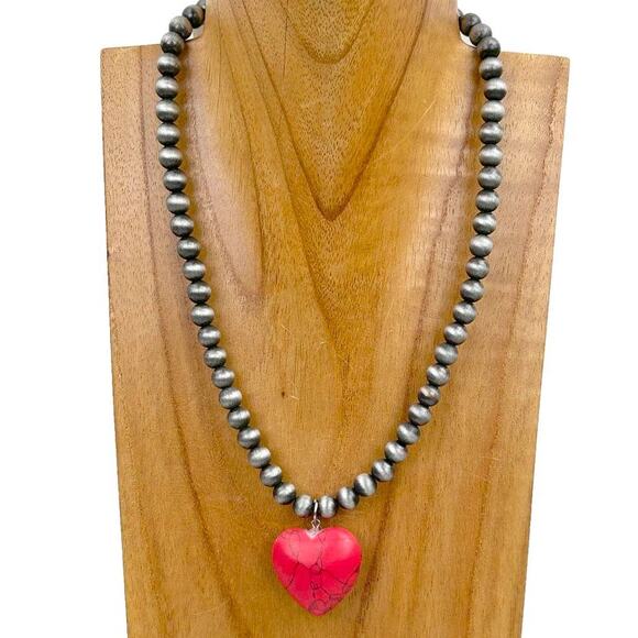 Red Stone Heart Navajo Like Beaded Necklace - Picture 1 of 2